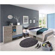 Preisvergleich für Kinder- & Jugendzimmer: Jugendzimmer Set mit Bett 140x200 cm und Kommode 3-teilig LEEDS-10 in Sandeiche Nb. mit weiß, Lava und Denim Blau grau